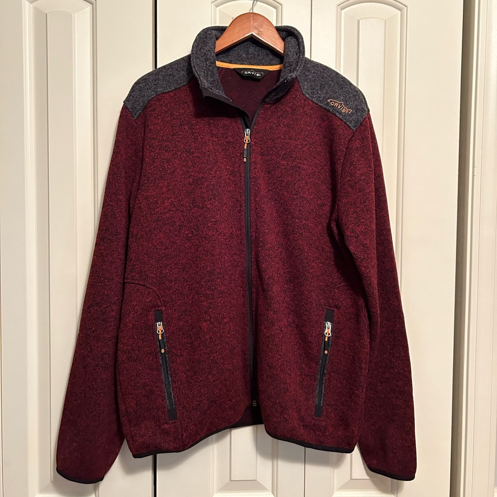 Men’s Orvis Heathered Red&Gray Fleece Jacket w/ Elbow Patches